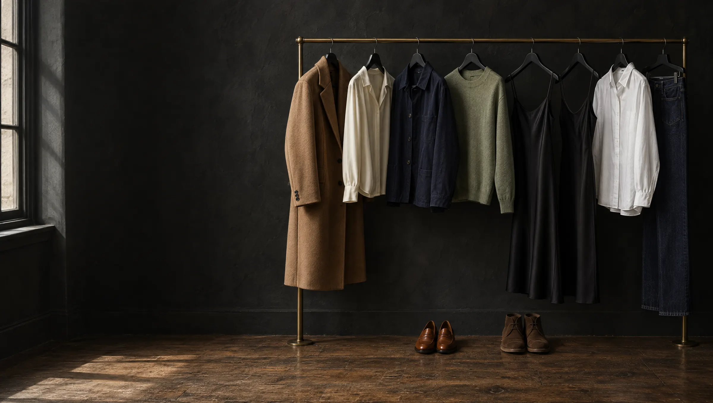 A brass rail in a dim atelier holding a small, well-chosen wardrobe